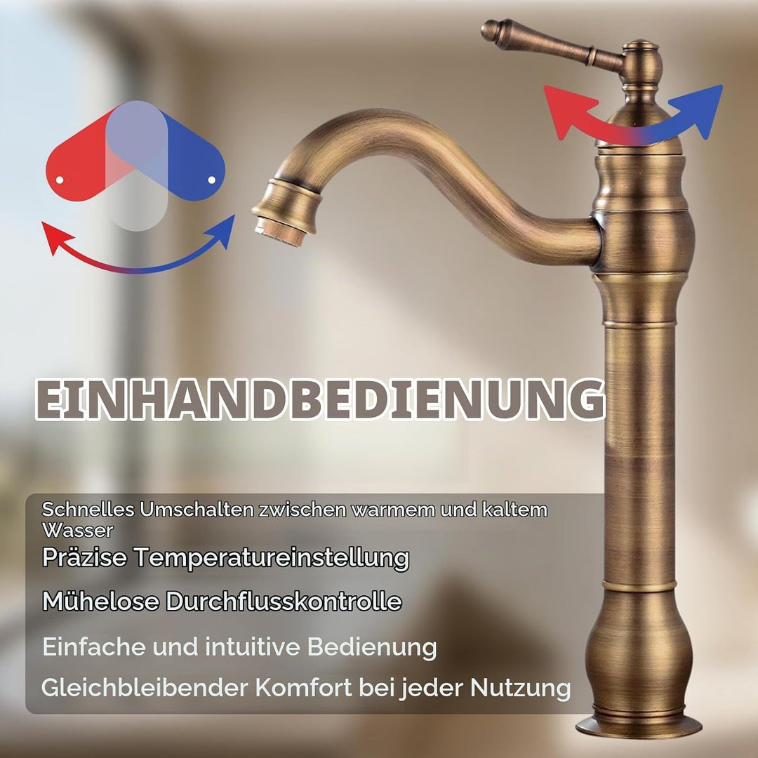 Badezimmer Waschbecken Mischer Hahn, reiner Kupfer Griff Einzel Loch Retro Badezimmer Hahn (Antik) A