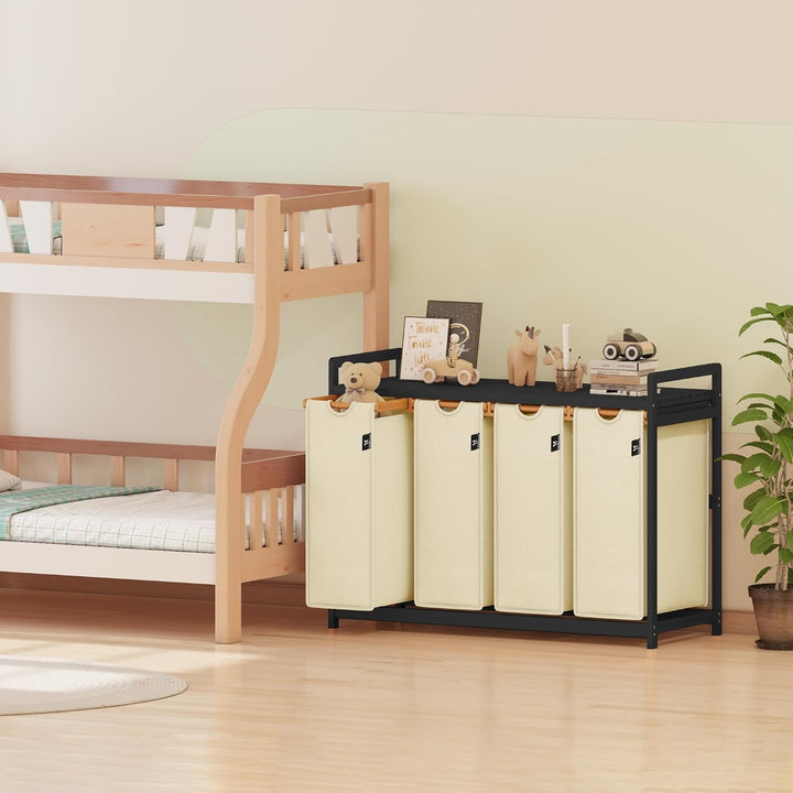 AdelDream Wäschekorb 4 Fächer Wäschesammler 200L Schwarzer Rahmen Wäschewagen mit Ablagen Ablagefläc