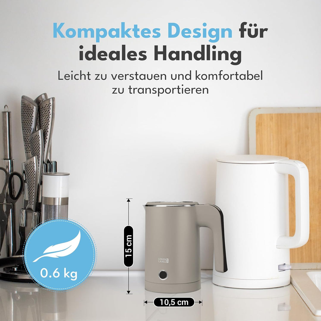 LEBENLANG Edelstahl Reisewasserkocher Klein - 500ml & BPA-Frei I 600W Mini Wasserkocher Klein Khaki
