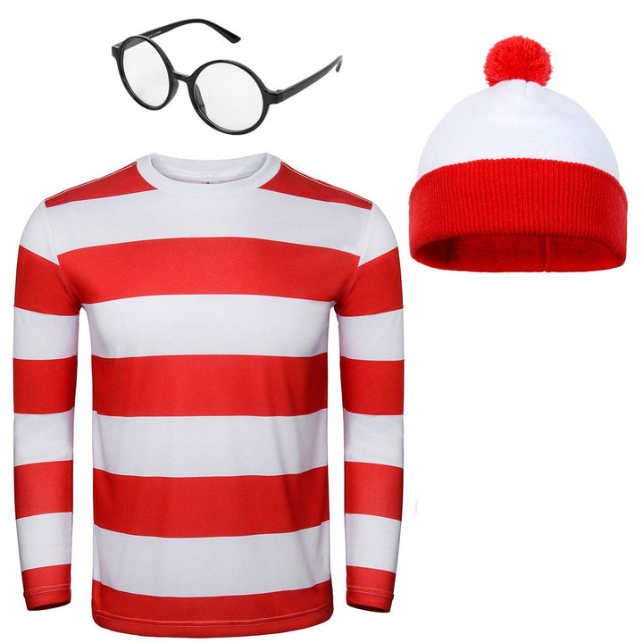 NUWIND Herren Rot-weiss gestreiftes T-Shirt Kit mit Brille & Bommelmütze Walter Kostüm Halloween Cos