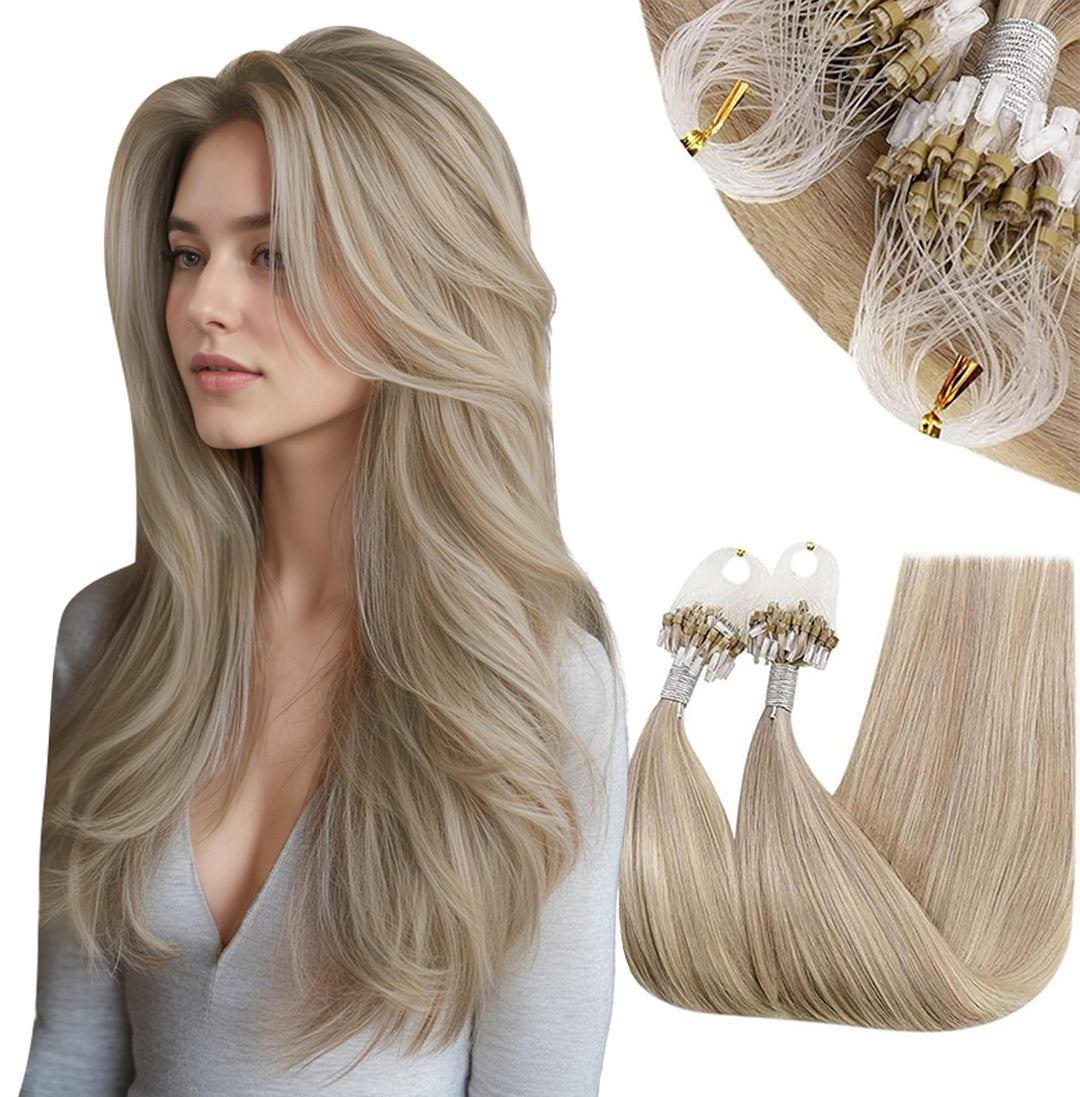RUNATURE Extensions Echthaar Microring Blond Highlights Lang Echte Haare 40cm Haarverlängerung 50s A