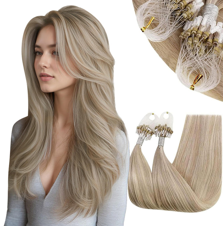 RUNATURE Extensions Echthaar Microring Blond Highlights Lang Echte Haare 40cm Haarverlängerung 50s A