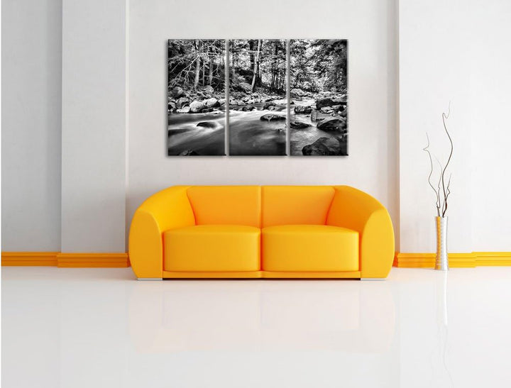 Pixxprint Fluss mit Steinen als Leinwandbild/Grösse: 3 Teilig (120x80 cm) cm/Wandbild/Kunstdruck/fer