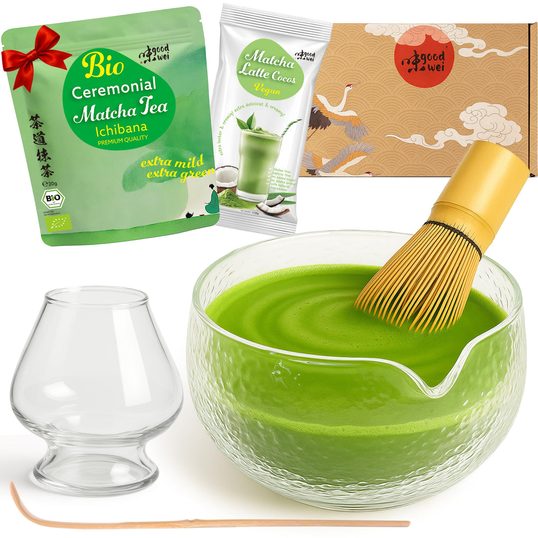 Goodwei Matcha-Set komplett mit hochwertiger Matcha Schale aus Keramik mit Ausgiesser, Matcha Besen