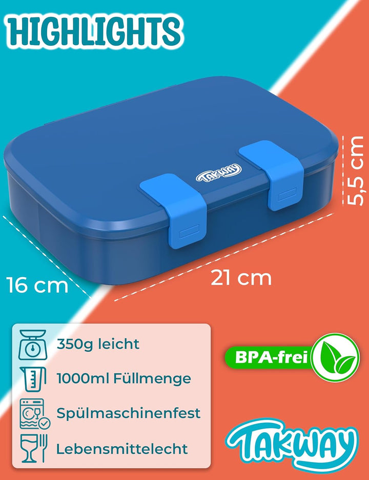 Brotdose Kinder mit Fächern - Bento Box Lunchbox BPA Frei - robust & leicht zu öffnen (Blau), Blau