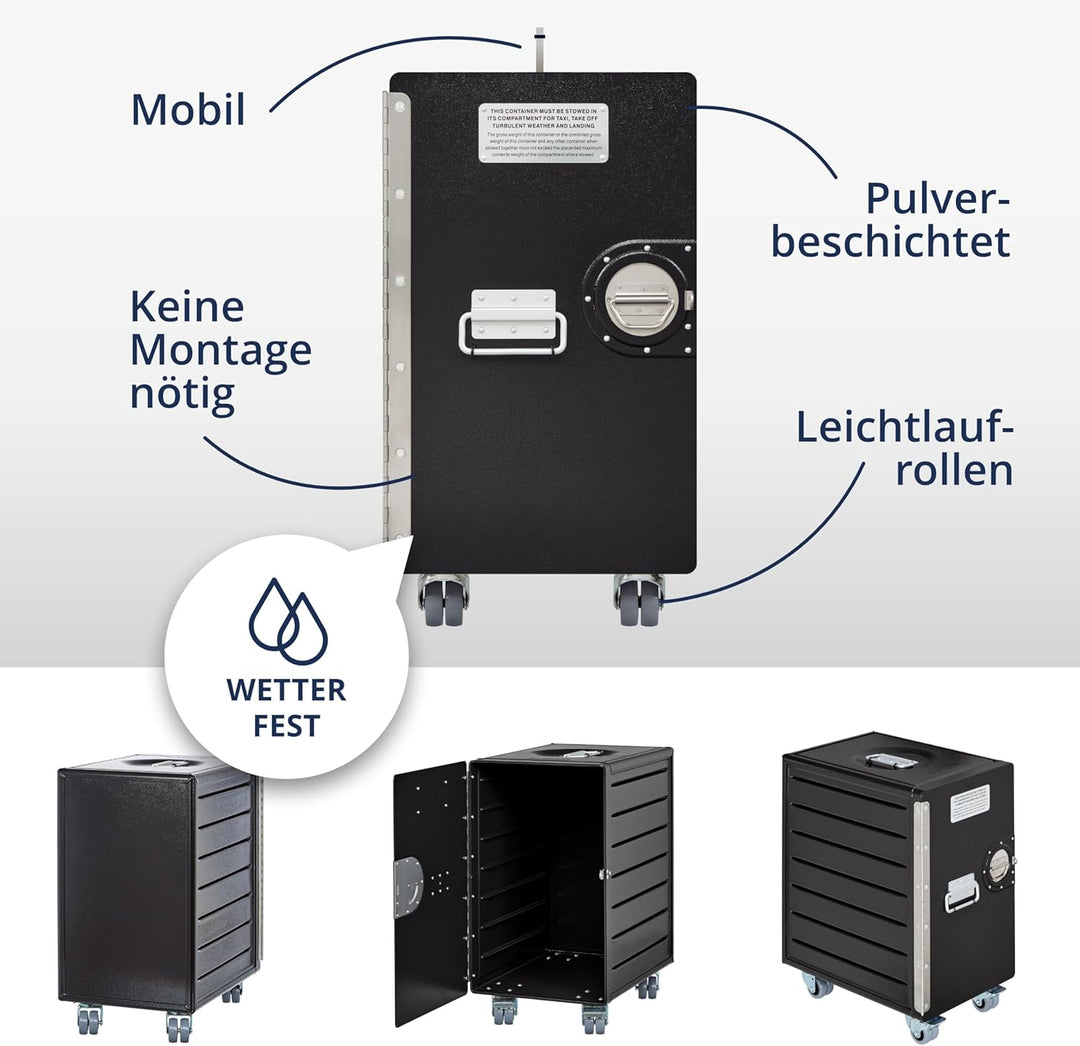 VanDeBord Bord Box XL mit Rollen Schwarz, grosser Rollcontainer, original Flugzeugmöbel aus der Luft