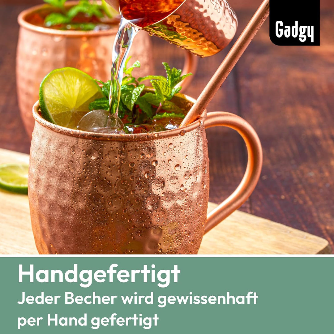 Gadgy Moscow Mule Becher Set aus Kupfer – 2 Handgefertigte Kupferbecher + 2 Strohhalme + Barmass – C