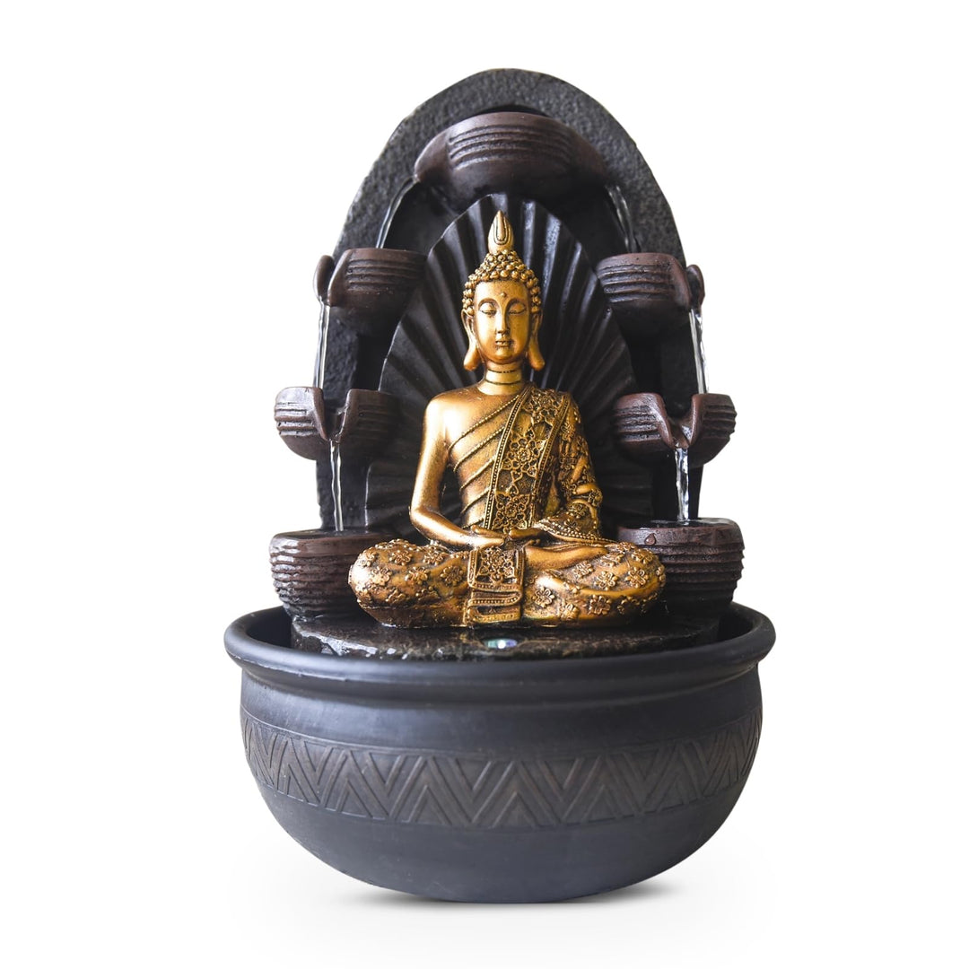 Innenbrunnen Wasserwand Kaskade Buddha Statue Abnehmbares farbenfrohes LED-Licht, Lucky Fountain mit