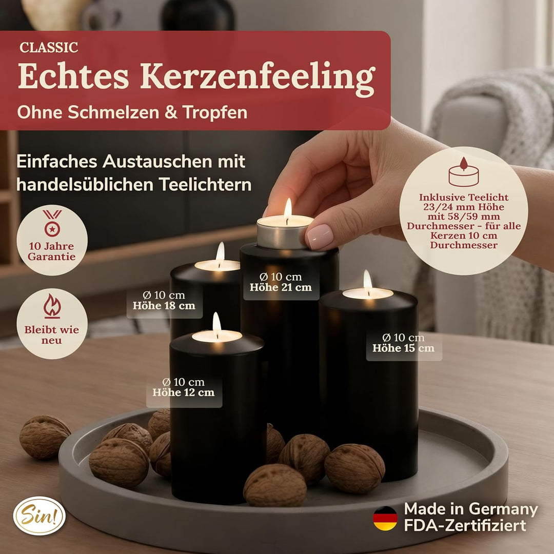 Sin! Teelichthalter Classic schwarz - ∅ 10 cm - Höhe 18 cm, Dauerkerze mit Teelicht in Kerzenform -