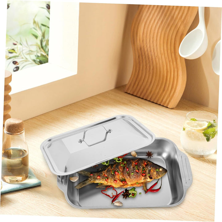 DOITOOL Bräter mit Deckel Klein aus Edelstahl Rechteckig Heavy Duty Backform für Cakes und Pizza zum