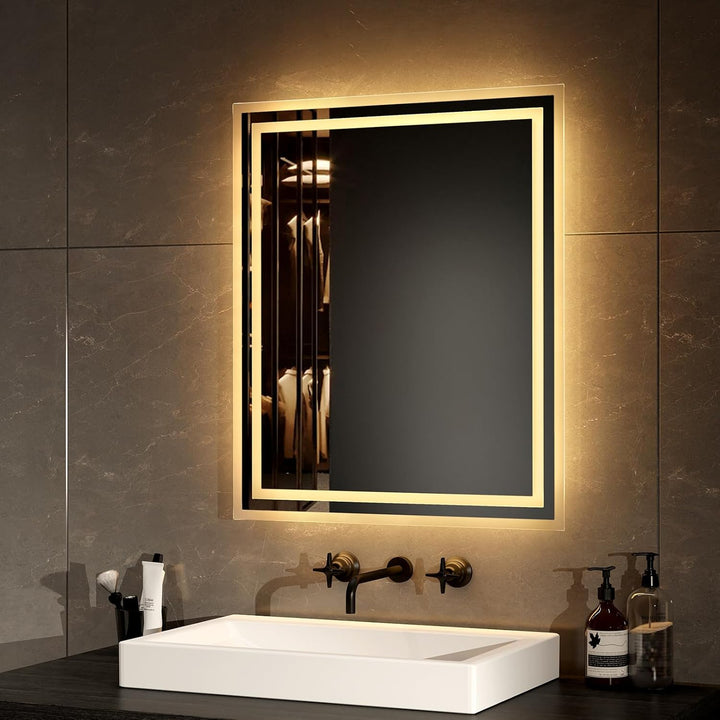EMKE LED Badspiegel mit Beleuchtung 50x60cm LED Wandspiegel Warmweisses Licht und Kaltesweisses Lich
