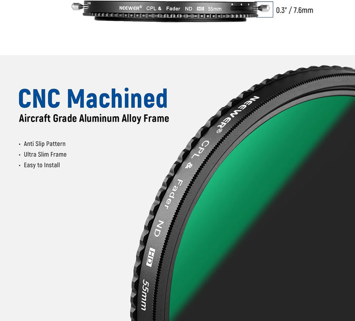 NEEWER 2 in 1 55mm Variable ND Filter ND2-ND32&CPL (Zirkular Polfilter) No X Cross Variabel Graufilt