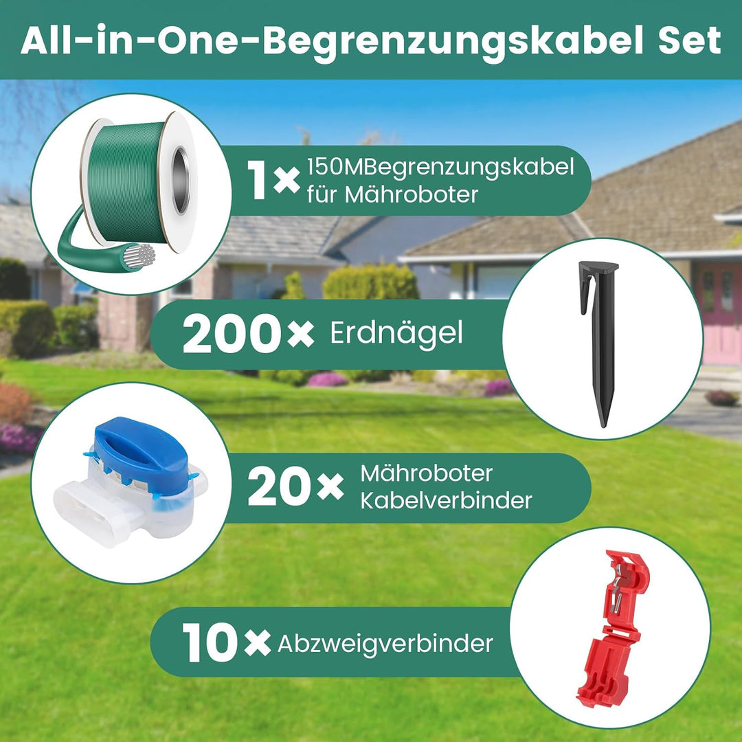150M Begrenzungskabel Mähroboter – 200 Erdnägel, 20 Mähroboter Kabelverbinder &amp; 10 Anschlussklemmen