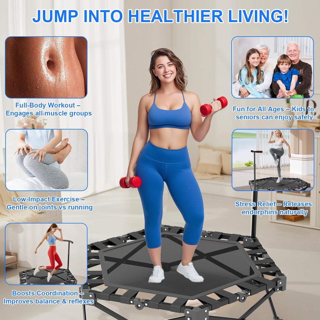 Fitness Trampolin Klappbar, Mini Trampolin Indoor 106cm mit 3-Fach Höhenverstellbarem Griff, Extra S