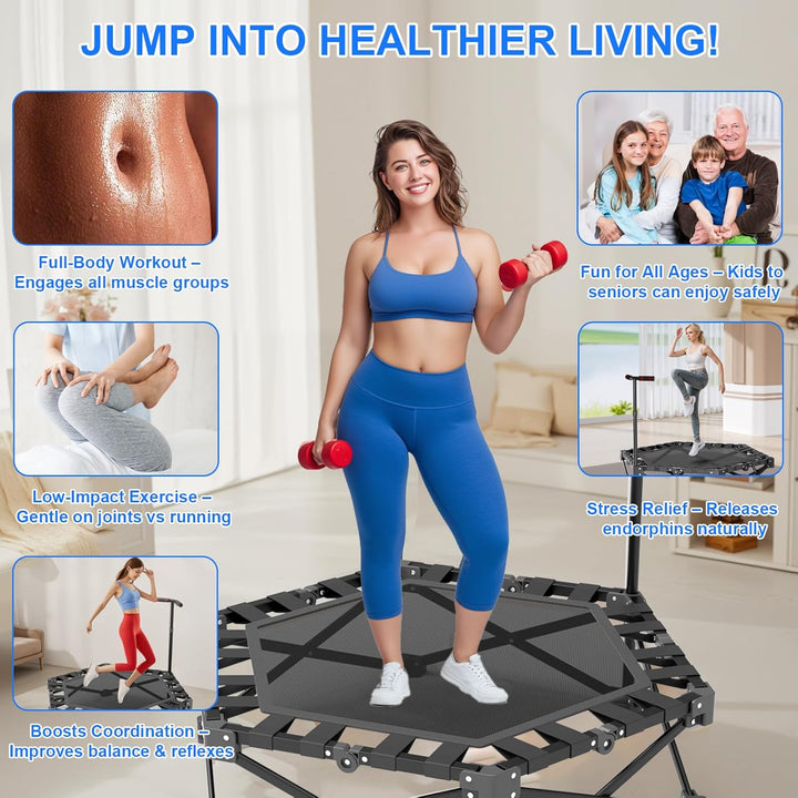 Fitness Trampolin Klappbar, Mini Trampolin Indoor 106cm mit 3-Fach Höhenverstellbarem Griff, Extra S