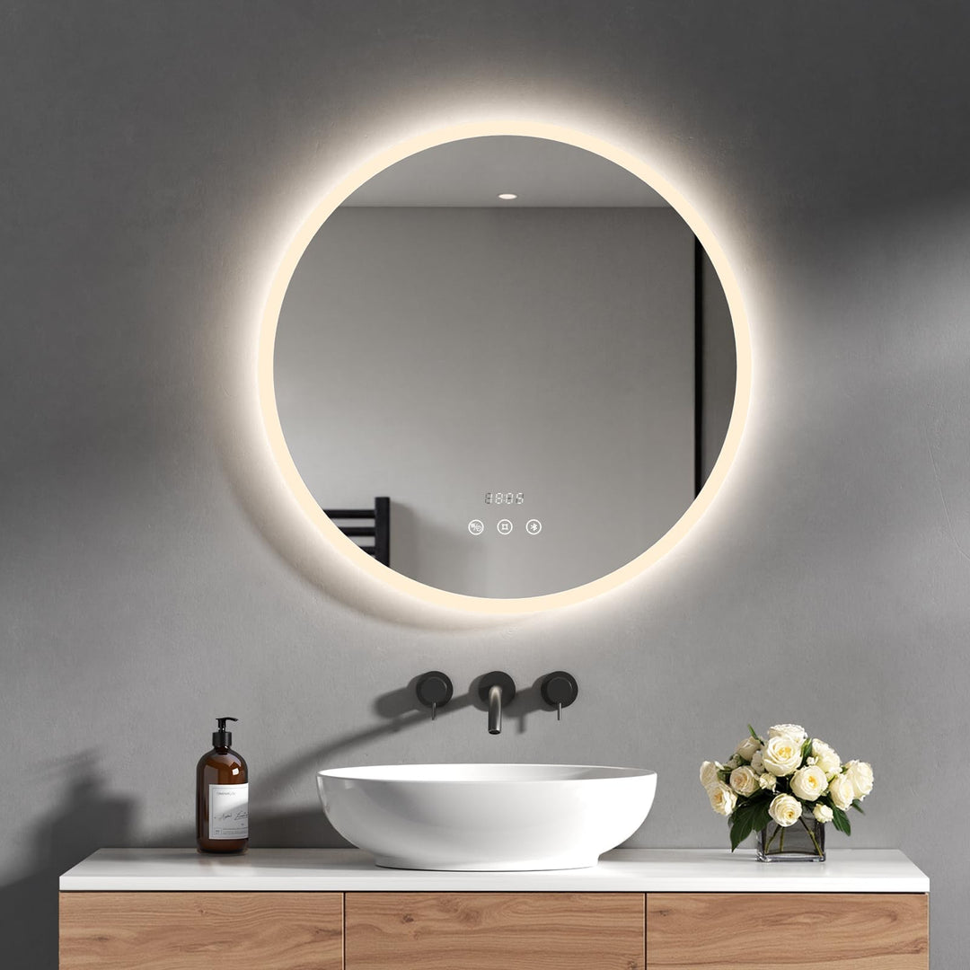 Heilmetz Bluetooth Badspiegel mit Beleuchtung Rund 60cm, LED Badezimmerspiegel mit Licht, Uhr, Antib