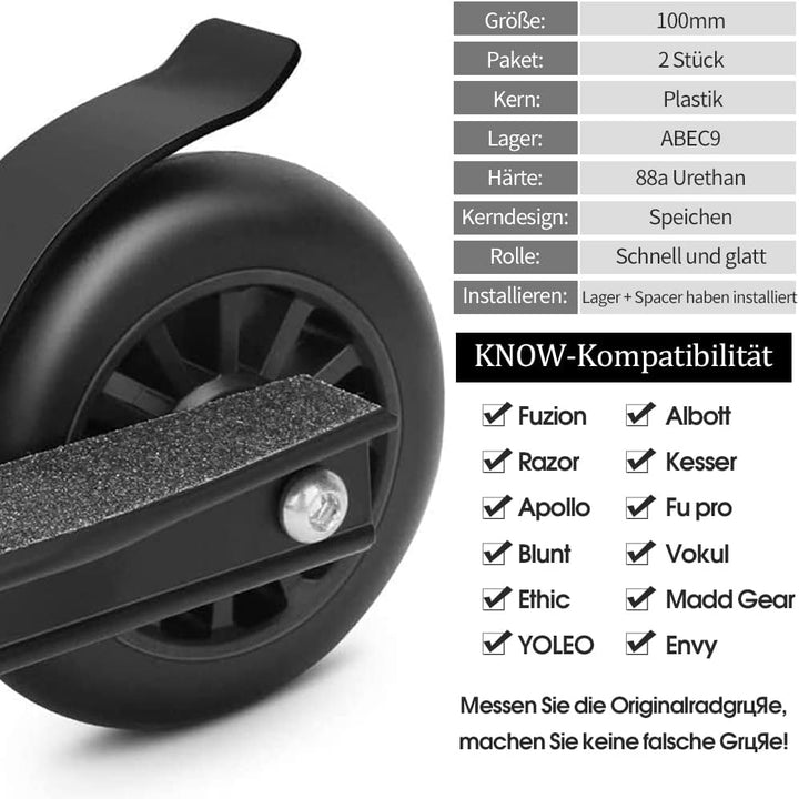 100mm Scooter Rollen - 2 Stück 100mm Scooter Ersatzräder räder mit ABEC-9 Lager - Plastik stunt scoo