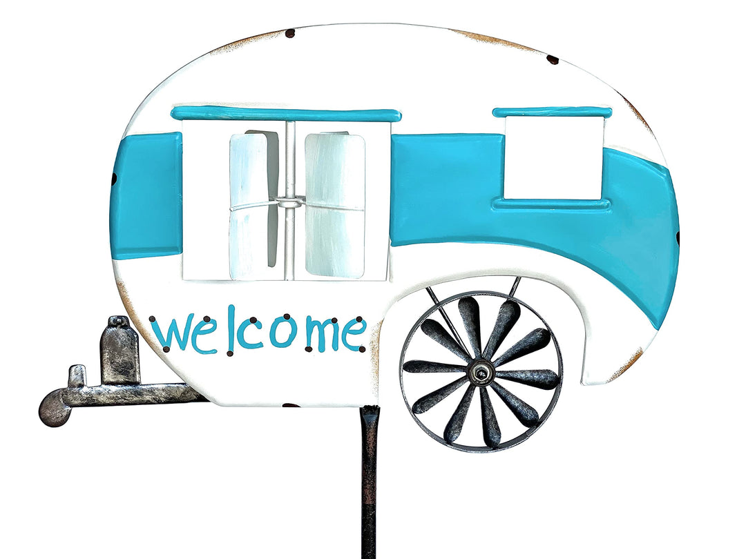 DanDiBo Gartenstecker Metall Wohnwagen XL 160 cm Blau Weiss Caravan 96103 Windspiel Willkommen Windr