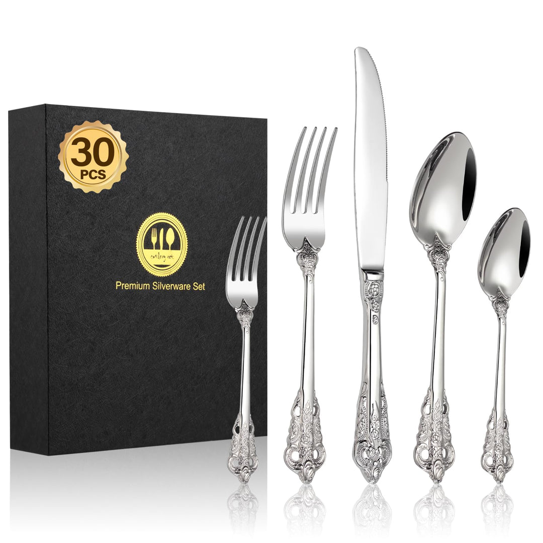 BEWOS 30 Stück Silber Palast Besteck Set, Hochwertig Edelstahl Besteck, Geprägte Design-Griffe, Bank