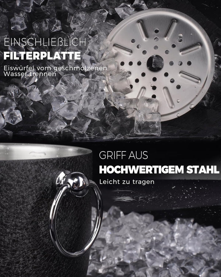 Poliviar Edelstahl Eiswürfelbehälter mit Deckel u. Zange- 2,5 Liter Doppelwandiger Eisbehälter- Eise