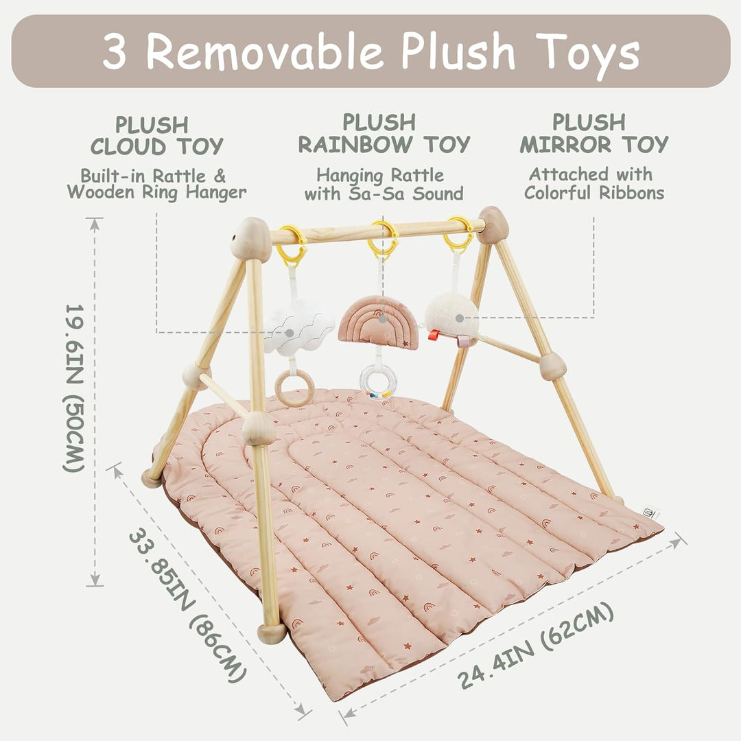 4 IN 1 Spielbogen Baby, Spielmatte Babies mit Natur Holz Activity Spielbogen, 3 abnehmbaren Spielzeu
