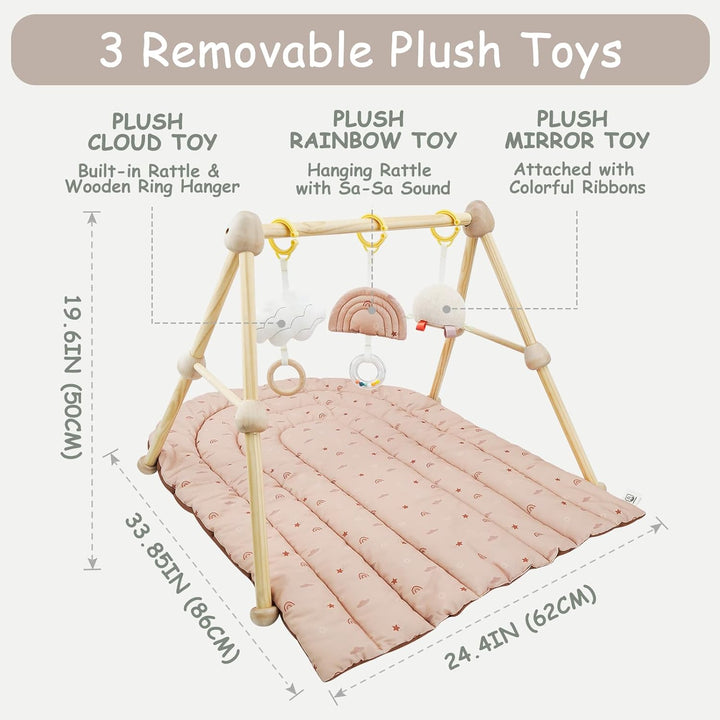 4 IN 1 Spielbogen Baby, Spielmatte Babies mit Natur Holz Activity Spielbogen, 3 abnehmbaren Spielzeu