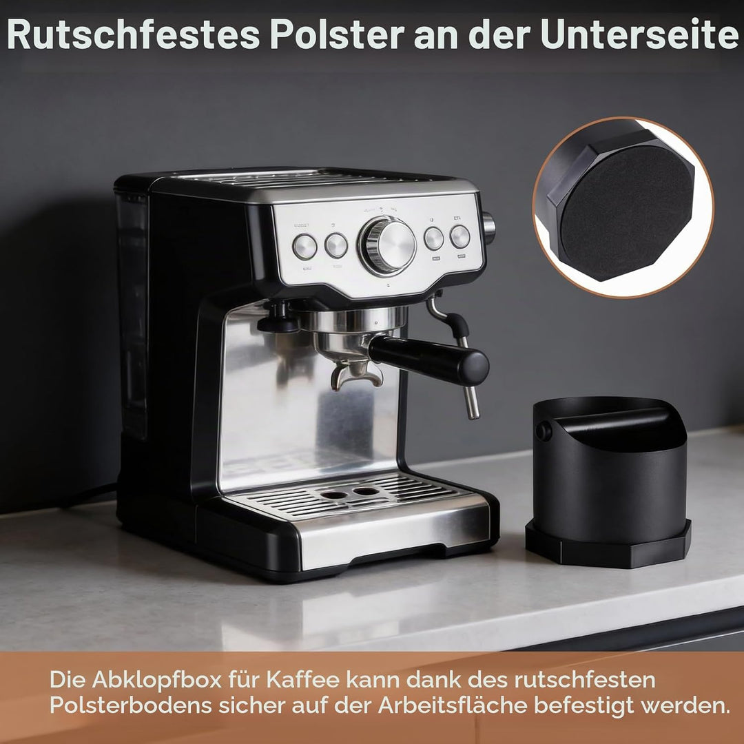 Abklopfbehälter für Siebträger Espresso, 1.6L Edelstahl Kaffee Knock Box mit Abnehmbarer Knock Bar &