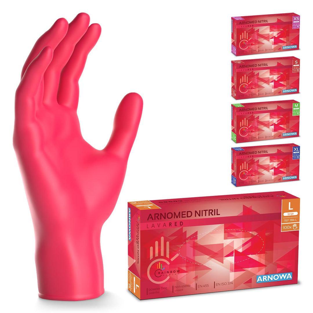 500 Stück ARNOMED Einweghandschuhe Rot, Einmalhandschuhe L, Nitril Handschuhe Einweg, Nitrilhandschu