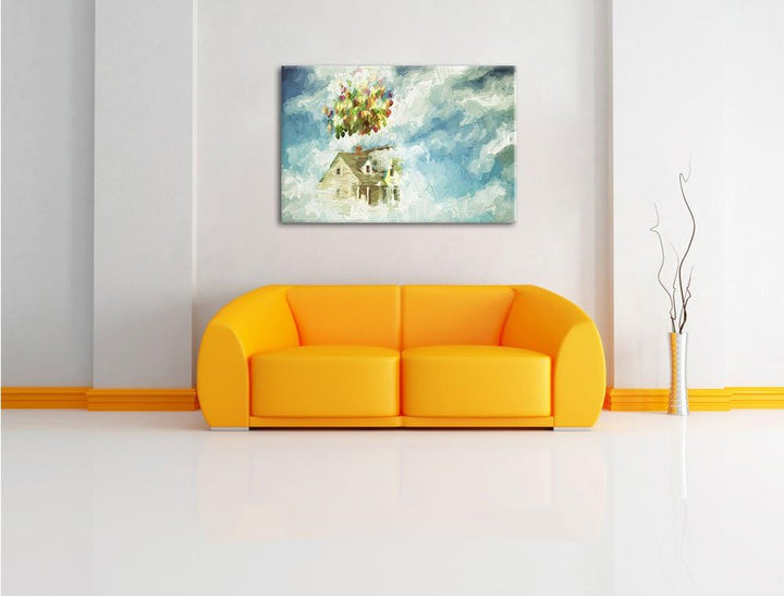 Pixxprint fliegendes Haus mit Luftballons als Leinwandbild/Grösse: 100x70 / Wandbild/Kunstdruck/fert