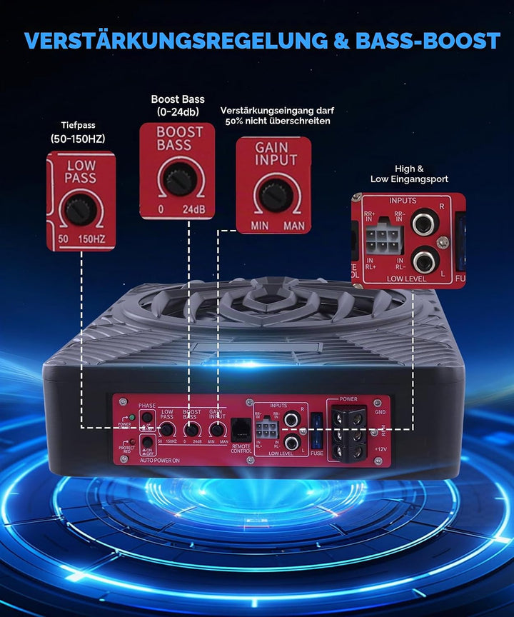 Hodozzy 1200W RGB-Subwoofer, Schlanker Unter-Sitz-Subwoofer für Autos und Verstärker-Paket mit RGB-B