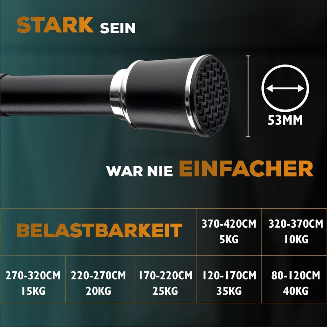 Gardinenstange ohne Bohren 320-370cm, Schwarz, Ø 32 mm, Teleskopstange Balkon - Vorhangstange Klemms