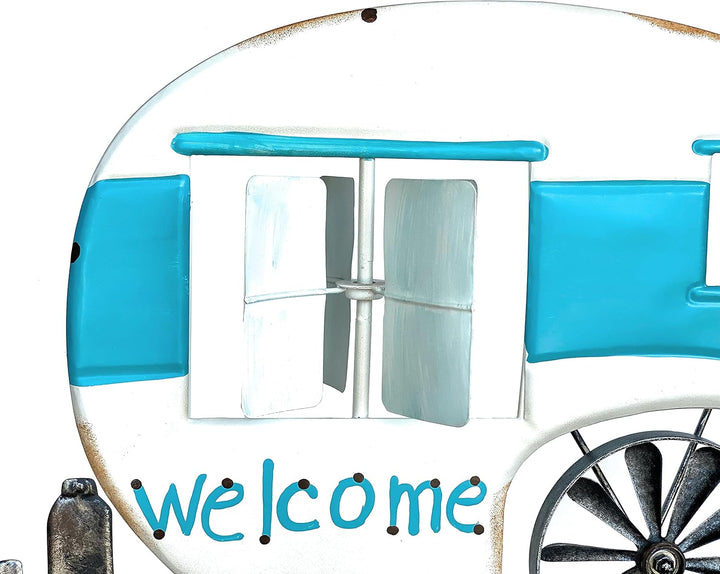 DanDiBo Gartenstecker Metall Wohnwagen XL 160 cm Blau Weiss Caravan 96103 Windspiel Willkommen Windr
