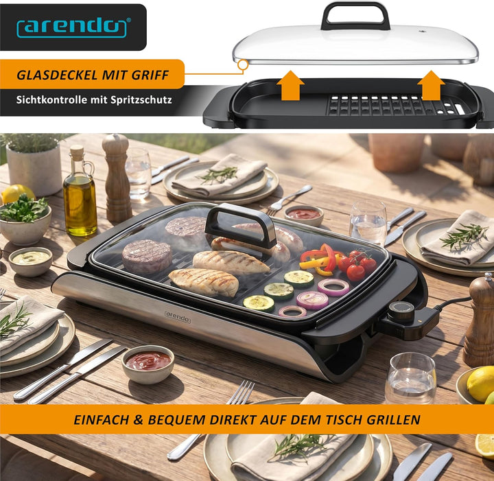 Arendo - Tischgrill Elektrogrill Edelstahl - mit Glasdeckel – extrastark 2000 Watt - Steaks, Würstch