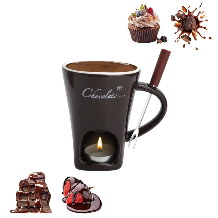 Schokofondue Tasse Keramik 130ML Schoko Fondue Cup mit Teelichthalter und Gabeln Schokoladenfondue S