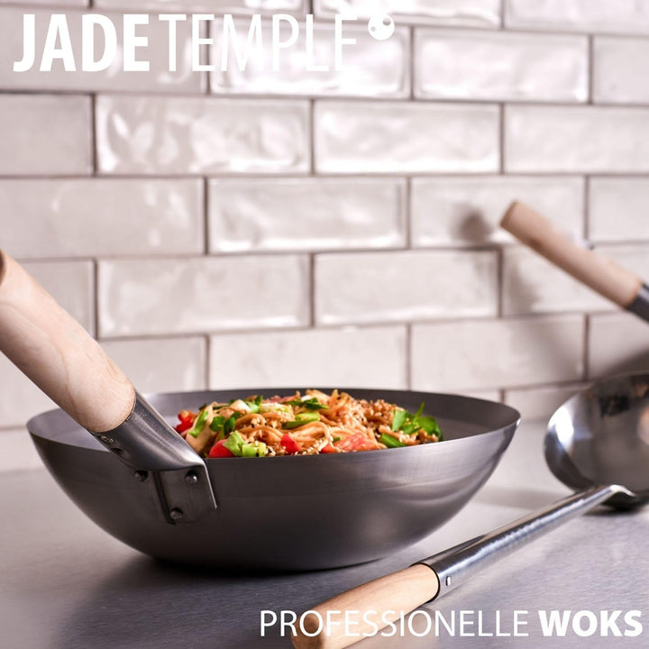 JADE TEMPLE Wok aus Carbonstahl, mit flachem Boden und 35 cm Durchmesser, mit rundem Holzgriff Durch