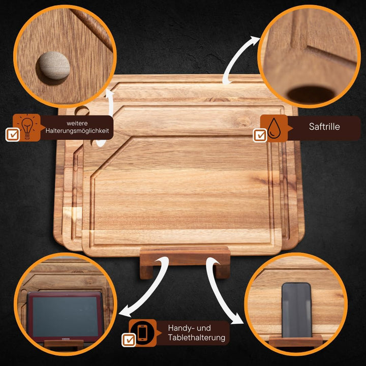 Hochwertiges 3er Schneidebrett Set - PERSONALISIERBAR - Küchenbrett mit Saftrille aus Holz mit prakt
