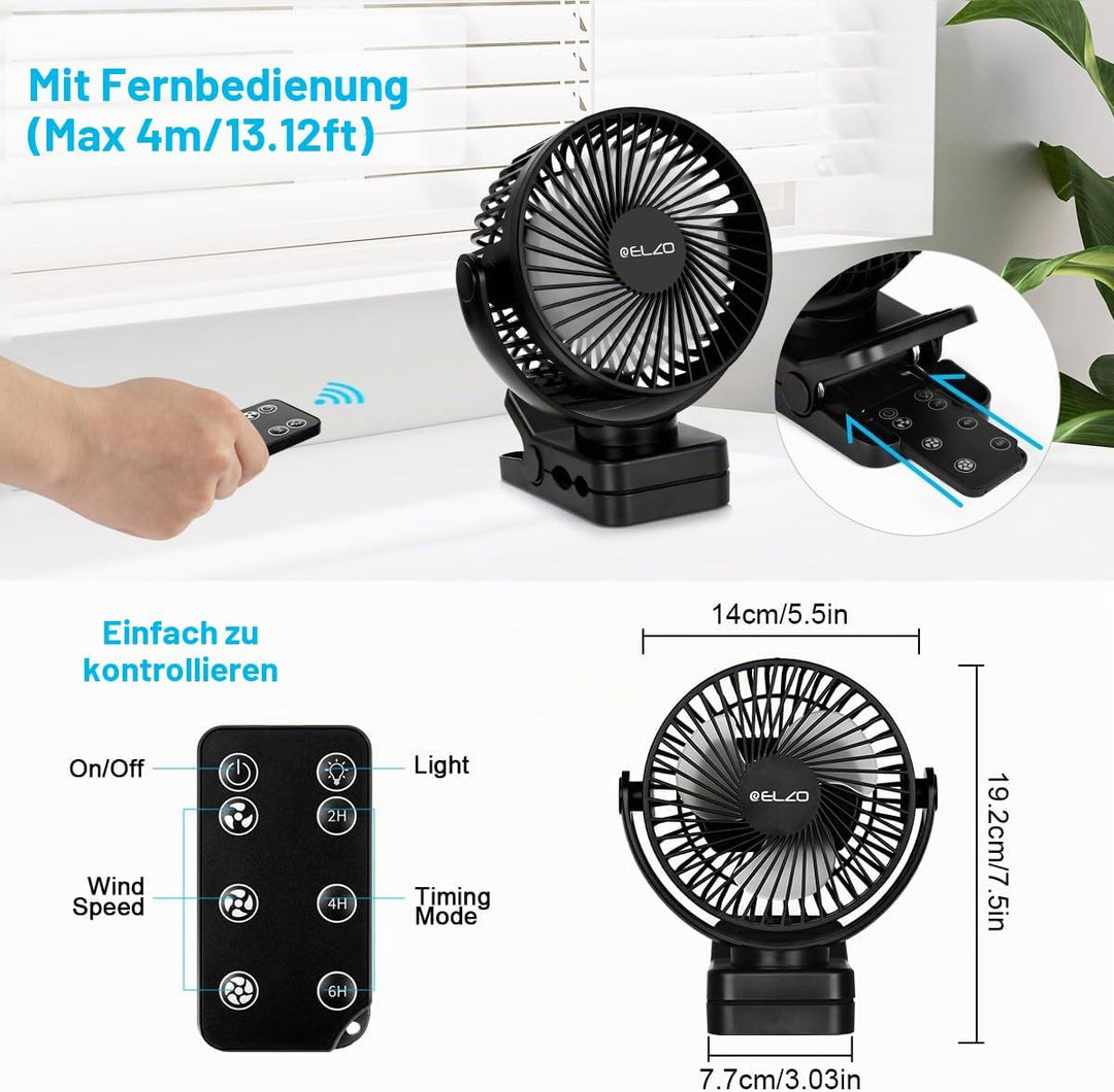 ELZO 12000mAh Camping Ventilator, Wiederaufladbarer Tischventilator USB Mini Ventilator mit LED Lich