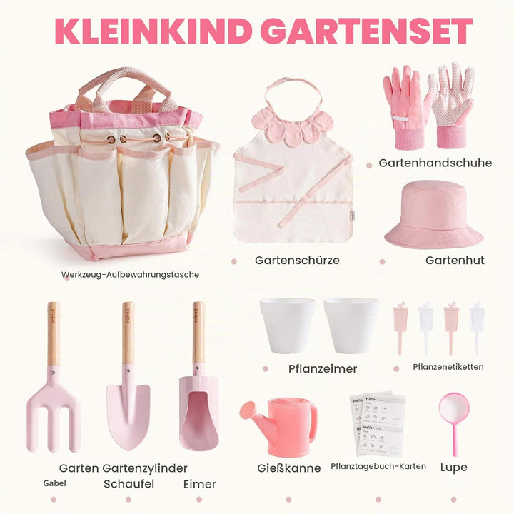 ROBUD Kinder-Gartenwerkzeug-Set, 17-teilig, Kinder-Gartenwerkzeug-Set mit Giesskanne, Gartengabel un