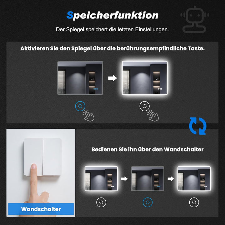 SONNI Badspiegel mit Beleuchtung 80x60 cm, LED Spiegel mit Bluetooth und Touch-Schalter, Dimmbar, Be
