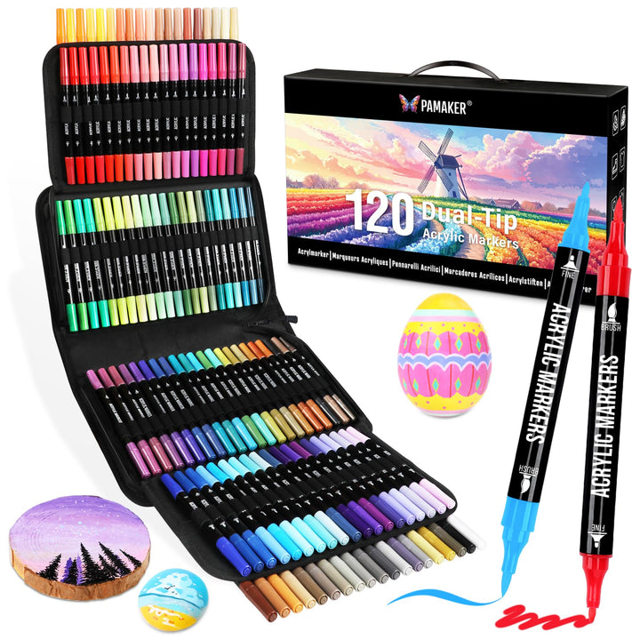 Pamaker 120 Farben Acrylstifte Set – Doppelseitige Spitzen, Multimarker für Steine, Holz, Stoff, Lei