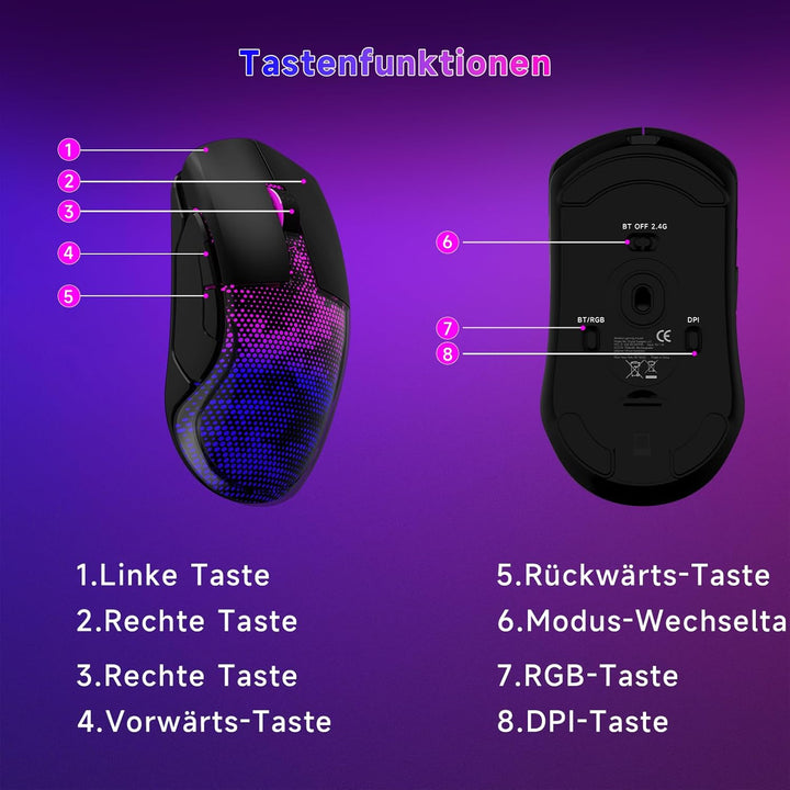 Gaming Maus Kabellos, 12K DPI, 2,4g/USB-C/Bluetooth 5.3 Gaming Mouse, GrossE RGB-Hintergrundbeleucht