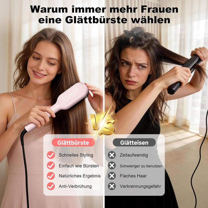 Glättbürste Ionen Haarglätter Bürste, iToncs Haarglättungsbürste 2 in 1, Anti-Verbrühungs &amp; Speicher