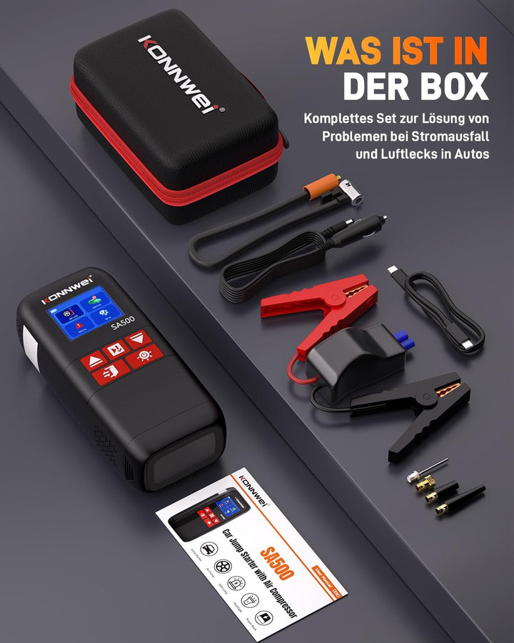 KONNWEI 4-in-1 Starthilfe Powerbank für PKW mit Kompressor | Batteriestarter mit LED-Licht und Power