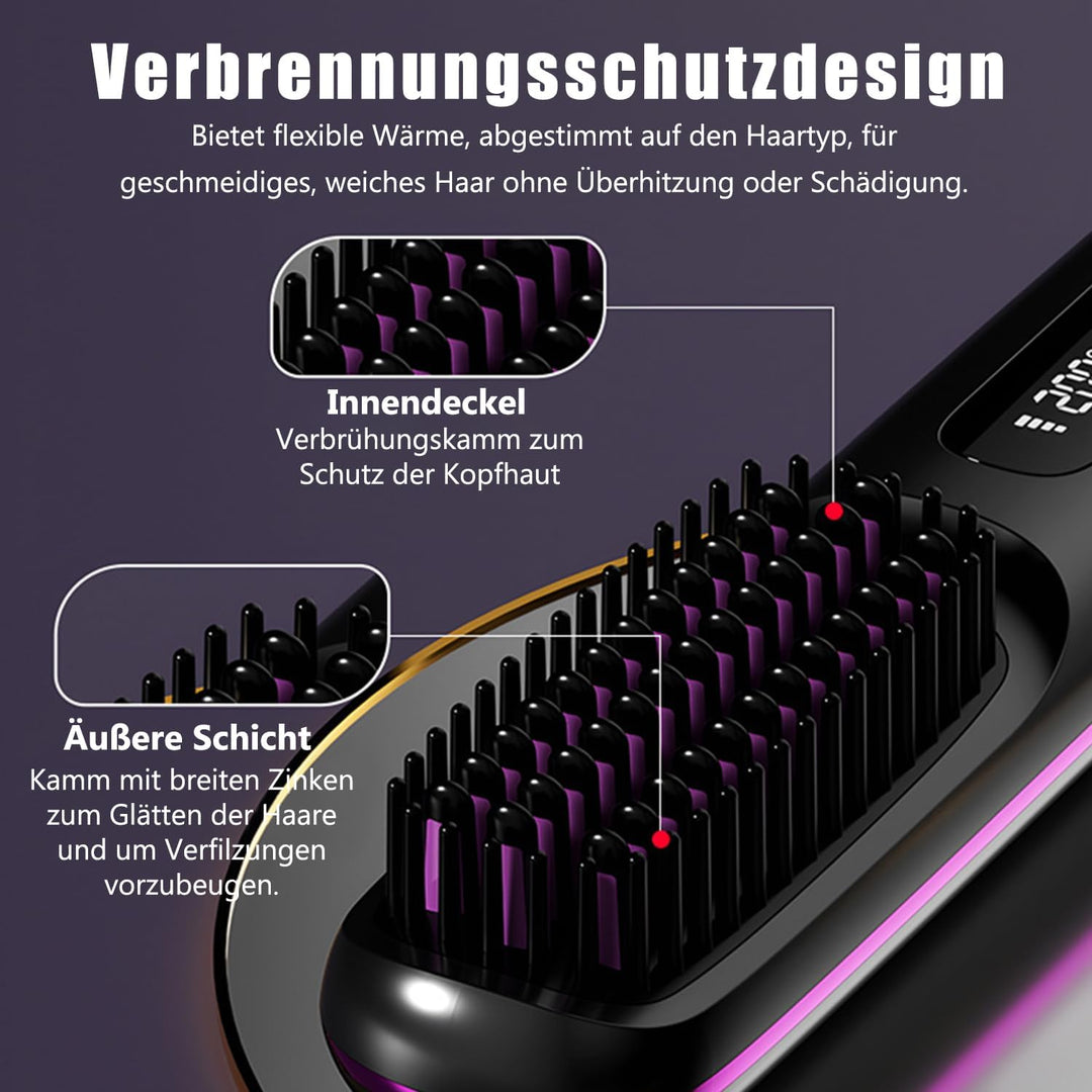 Kabellose Haarglätterbürste, Glättbürste Stylingbürste mit Keramik Borsten für Frauen, Wiederaufladb