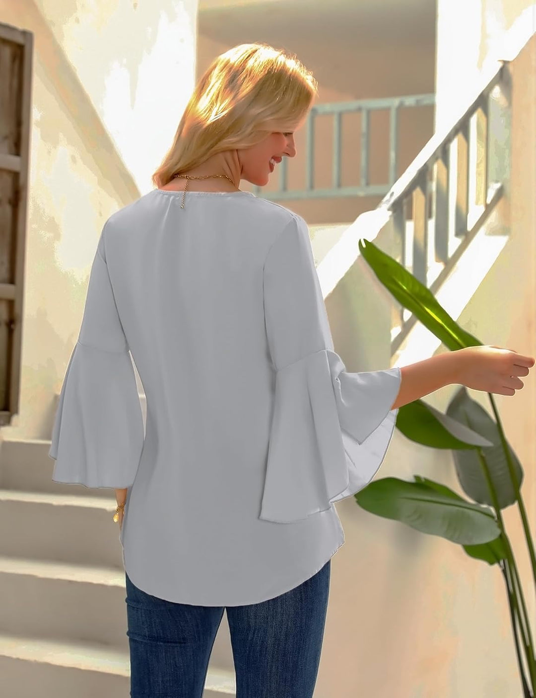 Gyabnw Damen Chiffon Bluse Volantärmeln Tunika 3/4 Arm Elegant Chiffontunika Festlich Chiffon Bluse