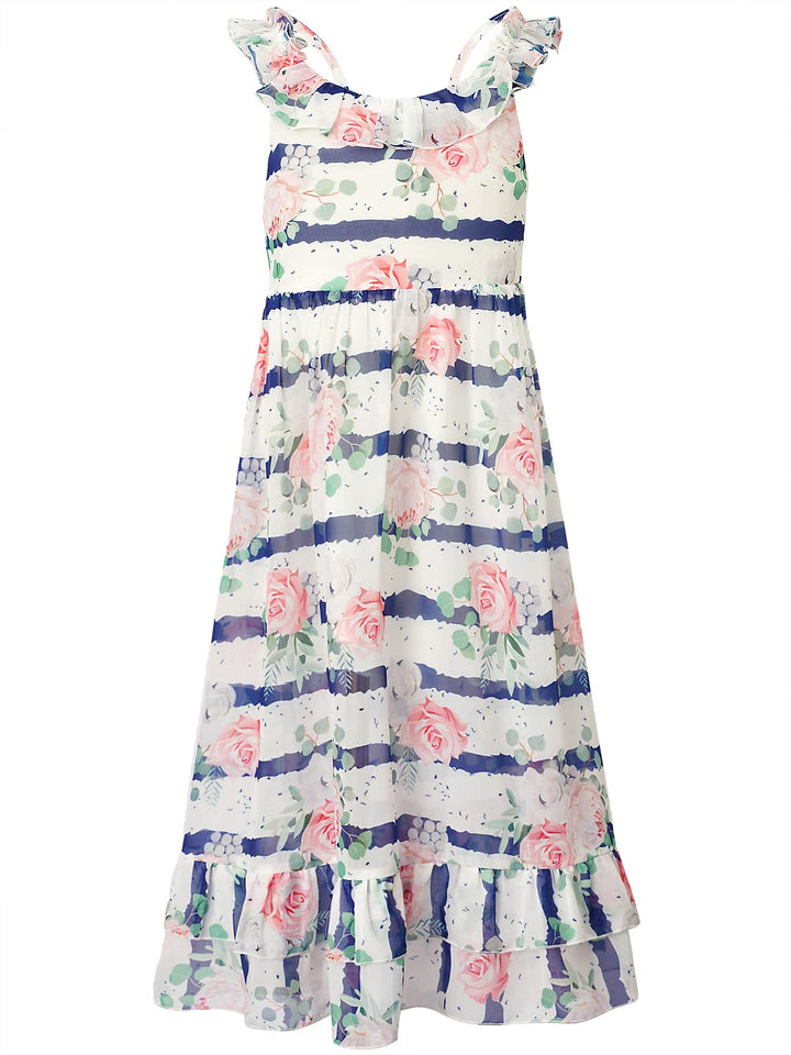 BONNY BILLY Mädchen Kleider Freizeit Blumen Sommerkleid Strandkleid Chiffonkleid Maxikleid mit Rüsch
