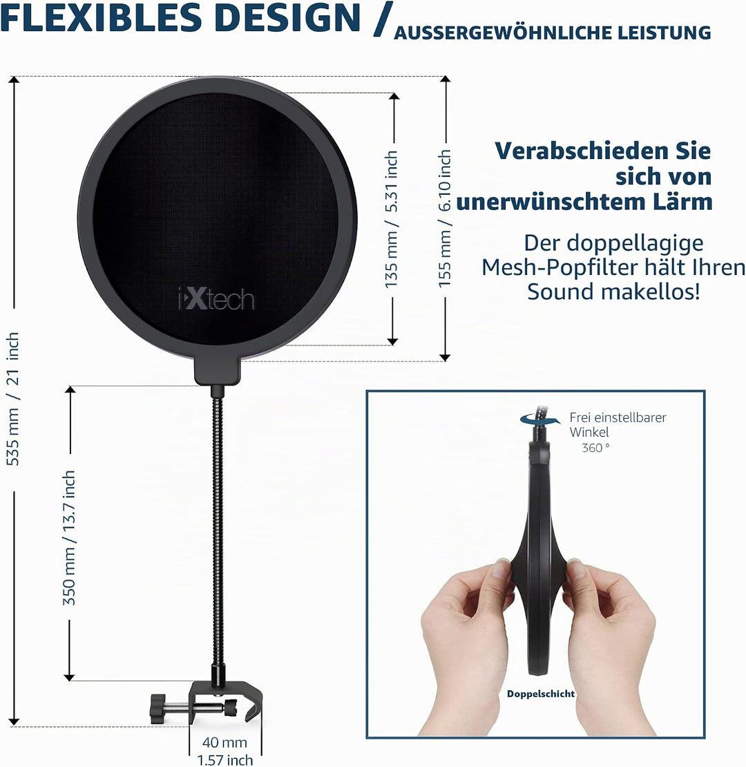 IXTECH Popfilter für Blue Yeti-Mikrofon, doppelschichtiger Schallschutz, Schildwächter, Windschutz m