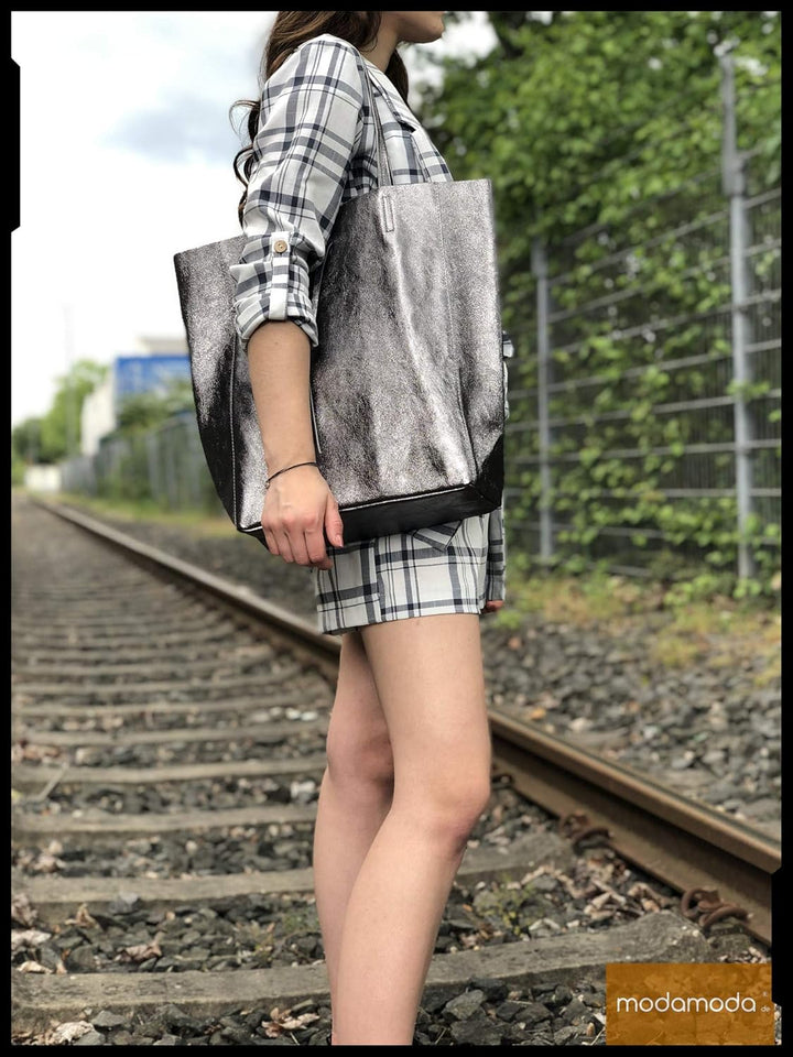 modamoda de - T163 - Ital. Shopper Large mit Innentasche aus Leder Dunkelgrau, Dunkelgrau