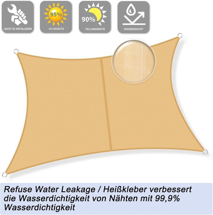Sunnylaxx 3.5x4.5m Sonnensegel Rechteckig, Wasserdicht Sonnenschutz Sunsegel Color Sand, 95% UV-Schu