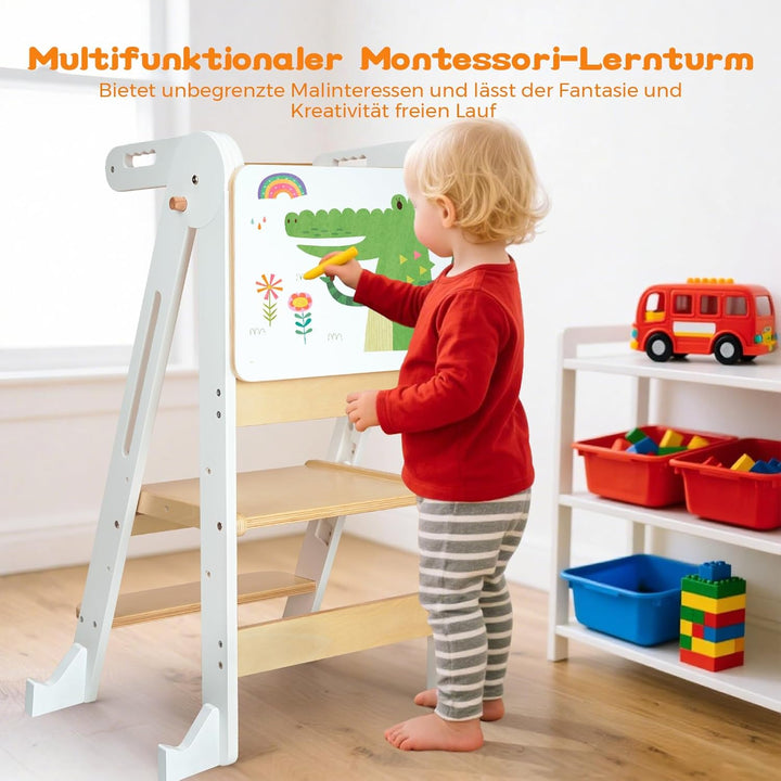 Montessori Lernturm Klappbar, Lernturm ab 1 Jahr mit Reissbrett/Sicherheitshandlauf, Learning Tower